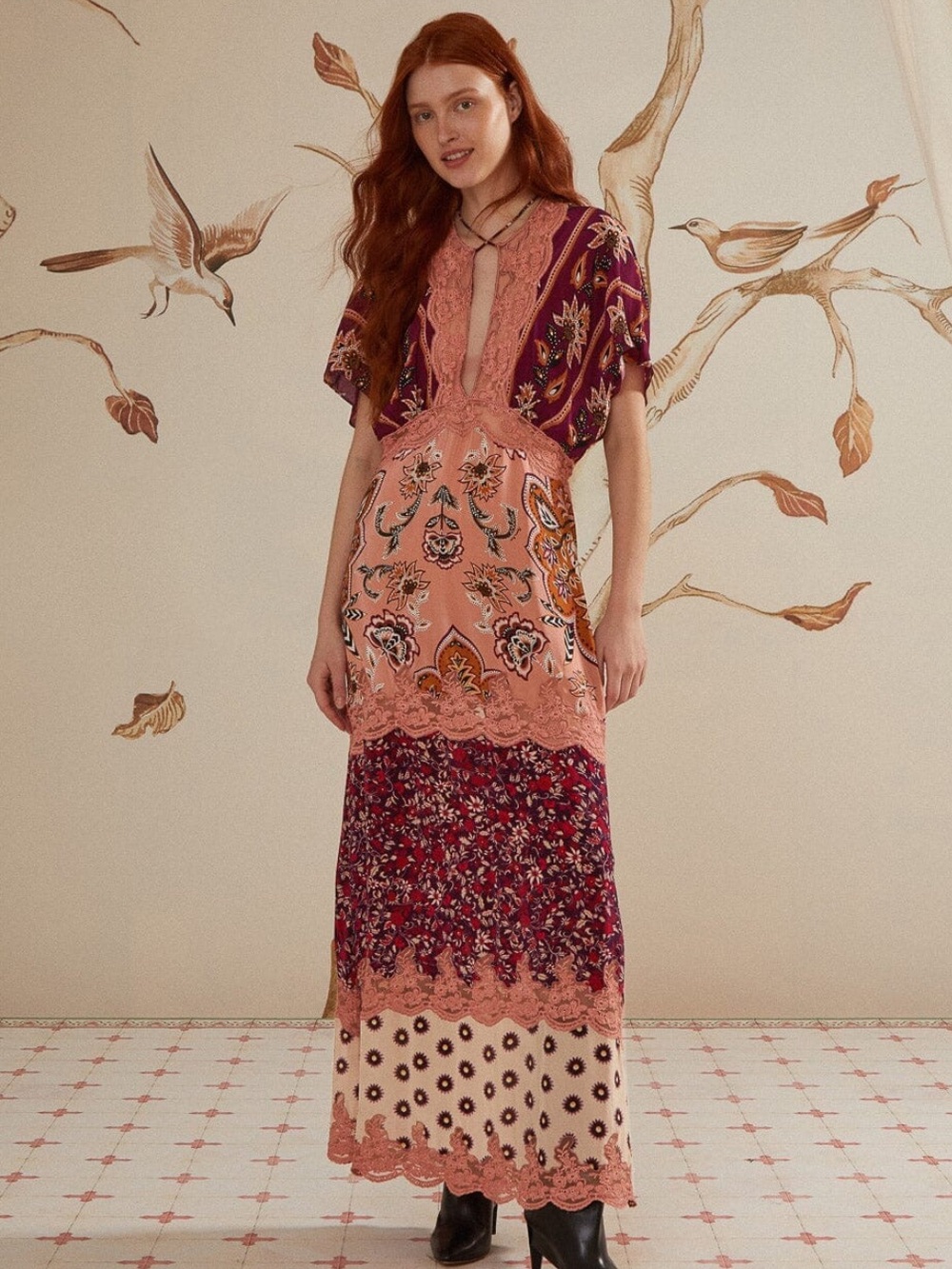 Farm Rio Glam Tapestry Burgundy Laces Short Sleeve Maxi Dress